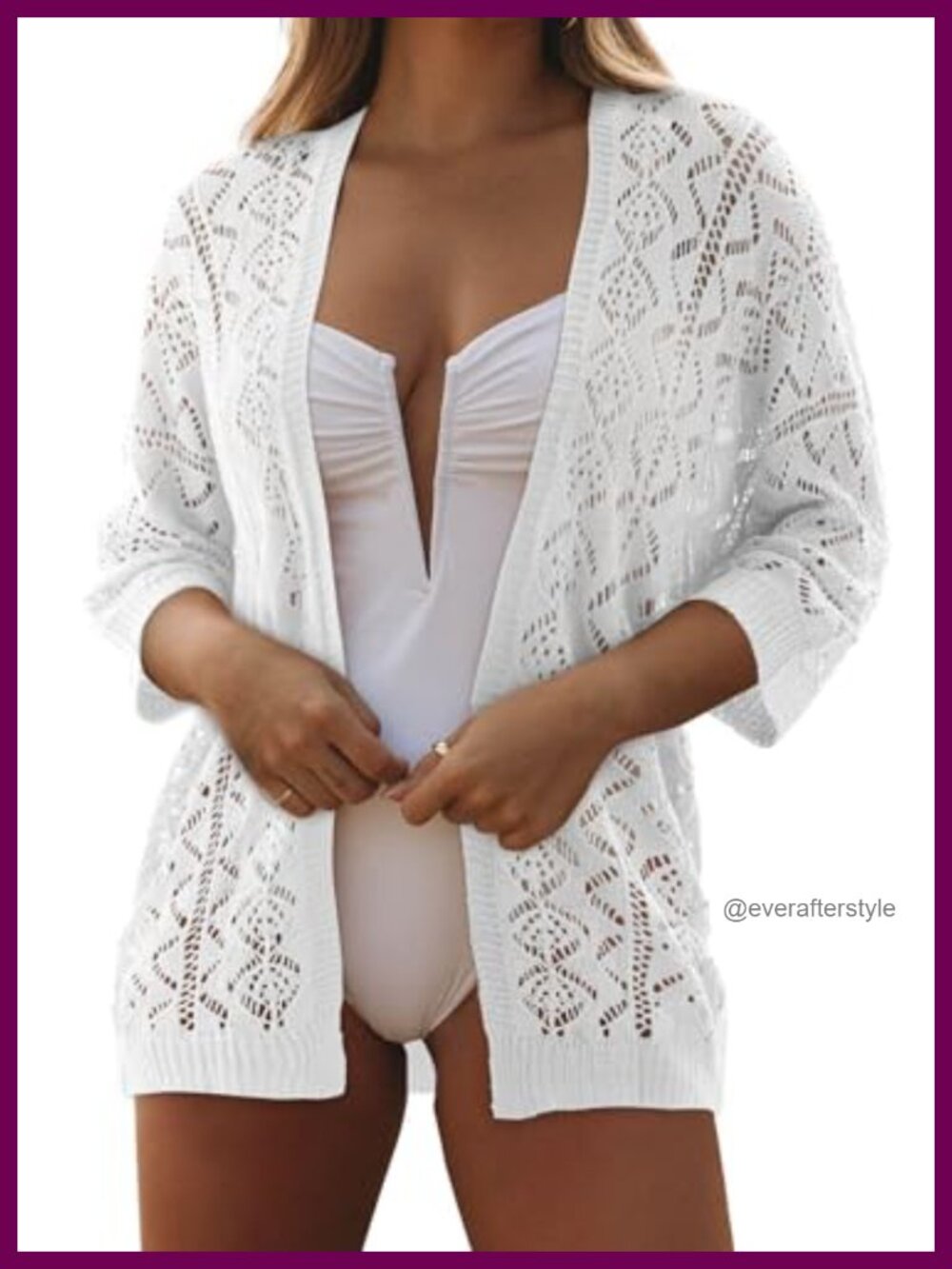 Crochet Open Front Cardigan 3/4 Sleeve Lightweight Swim Coverup